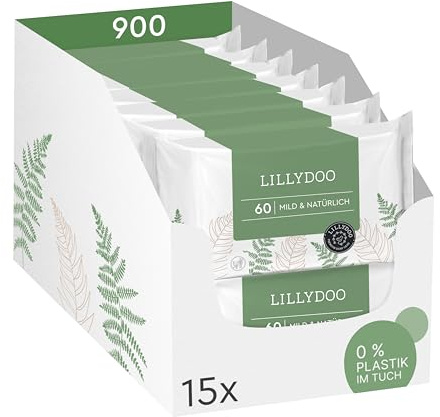 LILLYDOO Feuchttücher Mild & Natürlich, 900 Stück (15 x 60) | 100% plastikfreies, reißfestes Tuch - ohne Parfüme, sanft reinigend für empfindliche Haut, Dermatologisch getestet
