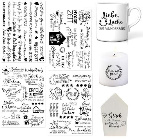 4 Stück Rub On Sticker für Weihnachten | Kerzentattoos, Folien & Aufkleber für DIY Deko auf Möbel, Glas und Holz | Wasserschiebefolie mit festlichen Sprüchen (Set 2)