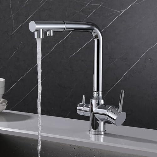 3 Way Kitchen Tap with Water Filter and Pull Out Spray 2 Handles Brass Kitchen Mixer Taps 1 Hole Swivel Chrome Finish