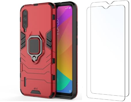 Max Power Digital Funda y 2 Cristal Templado para móvil Xiaomi Mi A3 Carcasa Magnética con 2 Piezas Protectores Anillo Imán Antigolpes Resistente Rígida Dura (Xiaomi Mi A3, Rojo)