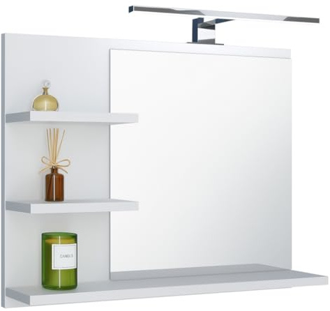 FreshYou Badspiegel mit 3 Ablagen Badezimmerspiegel Spiegel Regal Wandspiegel Hängespiegel Badmöbel Spiegel Flurspiegel für Schlafzimmer für Badezimmer Weiß 60X50 LED Lampe - Links