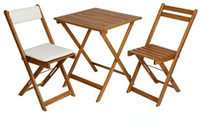 Balkongmöbler, set 3 delar, vikbara – akaciaträ, sittgrupp med bord och 2 stolar inkl. kudde – väderbeständig, platsbesparande och perfekt för balkong och trädgård