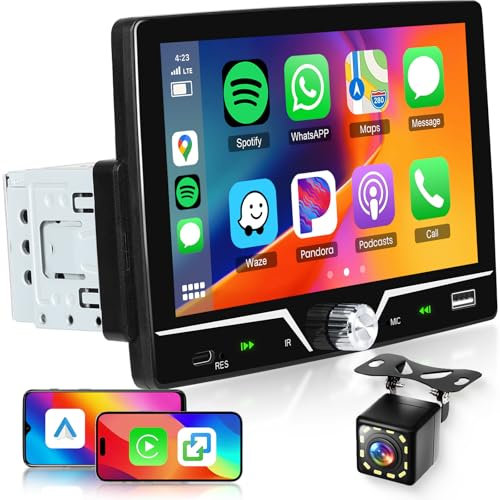 Single Din Carplay Android Auto Car Stereo, Hodozzy 7 inch HD IPS Touchscreen 1 Din Car Radio Head Unit with Bluetooth 5.0/EQ Audio/SWC+USB/Type-C Ports+Reversing Camera