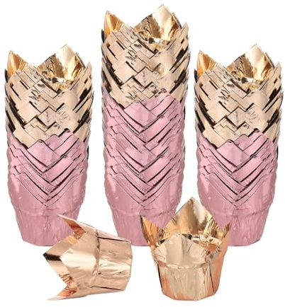 sourcing map 100 pirottini a tulipano per cupcake, muffin, in alluminio, pirottini per cupcake, muffin, per matrimoni, feste di compleanno, colore oro champagne/oro rosa