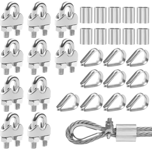 10 Stück M6 Drahtseilklemme, Edelstahl Seilklemmen 6mm, Bügelseilklemme, Drahtseil Clip mit 10*Aluminiumhülsen und 10*Kauschen für Befestigungvon Seilen, Aufhängung Von Sonnensegeln, Wäscheleinen