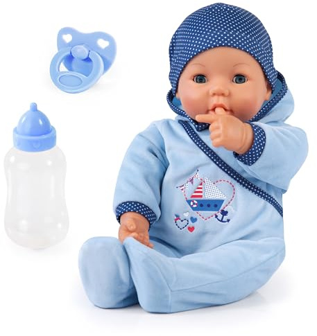 Bayer Design 94683AC Hello Baby Boy babydocka, mjuk kropp, pratar, flyttar munnen, napp, flaska