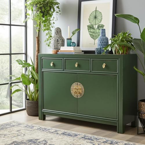 OPIUM OUTLET Chinesische Kommode Asia Sideboard orientalischer Schrank asiatische Vintage Möbel Anrichte Hochzeitsschrank komplett montiert grün Crocodile-Green
