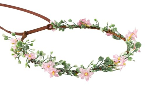 PartyforU Pink Flower Crown Blumenkranz Haarwreath Brauthaarbänder Grüne Blatt Kopfstück Florale Haaraccessoires für Faschingskostüme Karneval Hochzeit Geburtstagsparty Cosplay