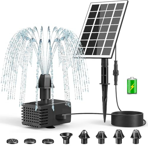 SZMP 3.5W Fuente Solar Jardin Exterior con Baterías 2000mAh, 2026 Nuevo Bomba de Agua Solar, 5M Cable con 8 Boquillas, para Estanque de Jardín Fuente, Baño para Pájaros, Piscina, Patio y Decoración