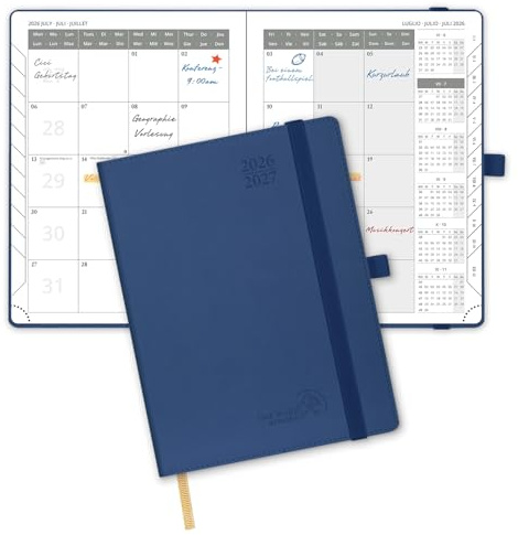 POPRUN Agenda Månadskalender 2026 2027, Juli'26 - Dec'27, 18 Månader 22 x 16,5 cm, 2 Sidor per Månad, Skolkalender, Mjuk PU Läderomslag, Papper 100 gsm,Marineblå