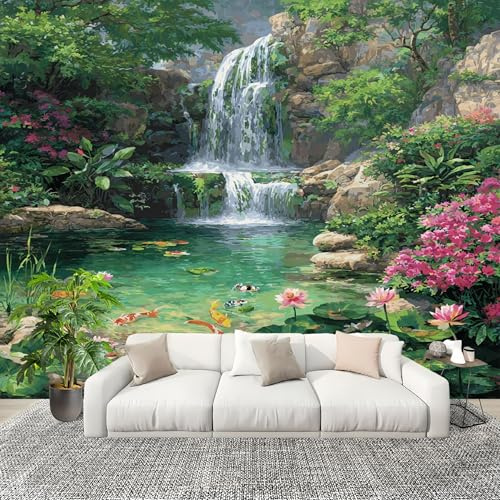 Fotográfico 3D HD No Tejido Paisaje De MontañA Y Cascada ExtraíBle Papel Pintado Fotomural 250×175 cm Verde Resistente al agua y a las manchas Fácil Instalación Murales Panorámicos