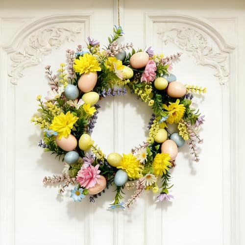 Corona de Pascua de 40cm para Puerta de Entrada, Corona de Primavera con Huevos de Pascua Artificiales, Coronas de Pascuas para Decoración Exterior de Puertas, para Interior, Exterior