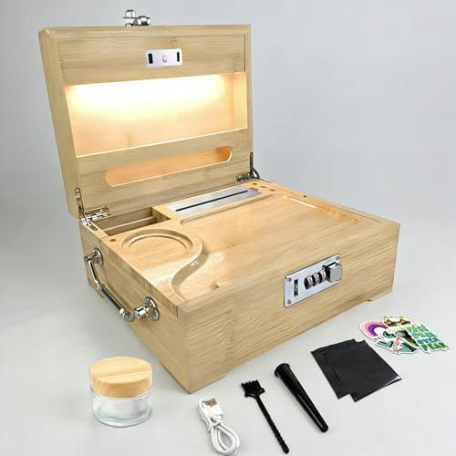 Giftidea LED Storage Box with Combination Lock, Large Bamboo Decorative Box with Removable Tray, Wooden Storage Box set with Glass Jar, Gift Choice for Men Women, Home Decor Accessories