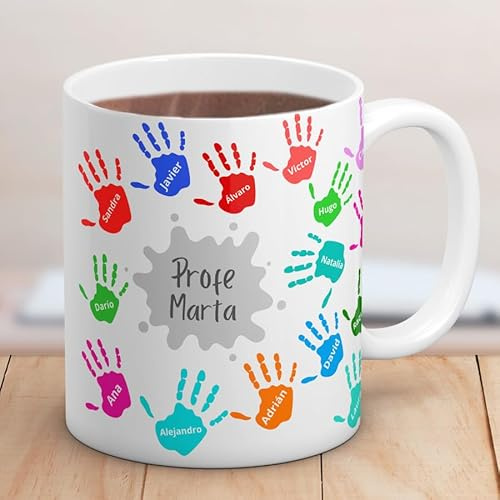 Cristal Plaque Taza Profe Manos Personalizada con Nombre | Regalo Profesora Guardería e Infantil Fin de Curso | Taza Cerámica Maestra y Maestro