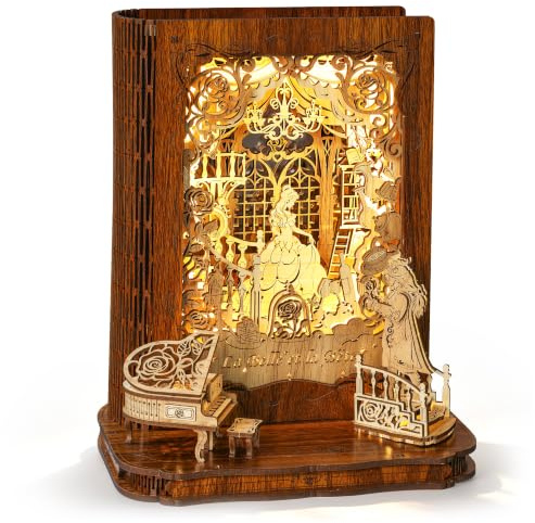 FUNPOLA La Belle et la Bête Lamp LED Puzzle 3D Maquette Bois à Construire | Intérieur Château Romantique, Lumière Chaude Tactile, Détails Rose Piano, 82 Pièces à Assembler, Montage 2-4H, Lampe Conte