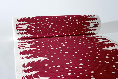Sovie HORECA Tischläufer MARVIN in Bordeaux aus Linclass-Airlaid, 40cm x 24m, 1 Stück, perforiert alle 120cm, weihnachtliches Design mit Hirsch, Schneeflocken und Tannenwald, festliche Tischdekoration