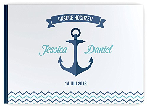 DeinWeddingshop Gästebuch Hochzeit – Personalisiert – Blanko – Maritim Anker – Hochzeitsalbum Hochzeitsbuch Hochzeitsgästebuch (blau/türkis)