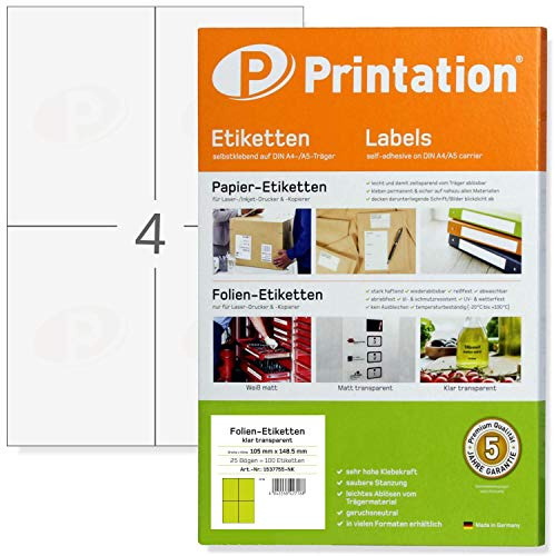 Printation Folienetiketten transparent kristallklar 105 x 148,5 mm - 4 Aufkleber/Etiketten pro A4 Bogen 2x2 auf 25 Blatt - 100 Folien Aufkleber/Etiketten 105x148,5 - Folien A4 glasklar bedruckbar