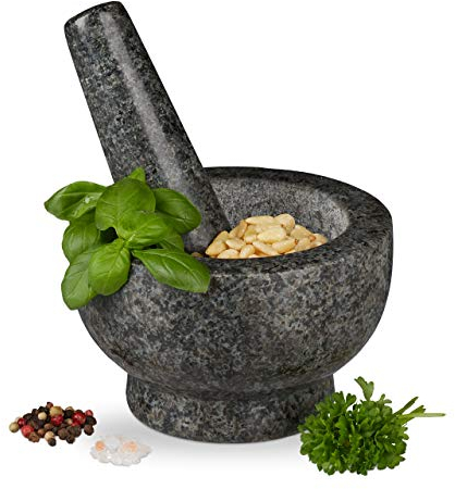 Relaxdays Mortero Granito, Maja, Robusto y Duradero, Especias, Hierbas, Triturador Piedra, Diámetro 13 cm, 250 ml, Gris
