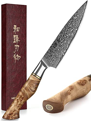 HEZHEN 5 Universal Small Damascus Steel Utility Knife - High Carbon Razor Sharp Blade for Paring, Peeling, and Fruit - Ergonomic Wooden Handle