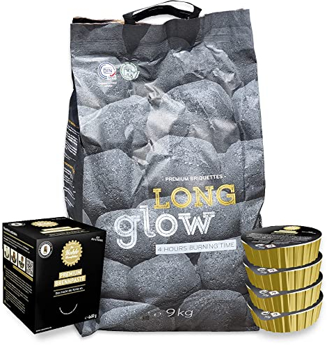 22 Tüten á 9kg Long Glow Premium Grillbriketts + 22 x 50gr. Premium Brennpaste Kohle Manufaktur Grillbrikett Grill Brikett Lange Brenn-& Glutdauer ca. 4h | 100% Made in Germany Energie Kienbacher