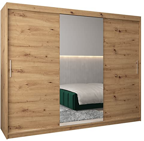 MEBLE KRYSPOL Kleiderschrank mit Spiegel Tokyo 1 - Garderobenschrank - Schrank Schlafzimmer - Mehrzweckschrank DREI Schiebetüren - Regalen - Flur Möbel - Kleiderstange Schrank - Allzweckschrank