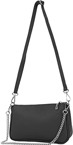 Modamoda de T237 Sac à bandoulière en cuir, avec chaîne en argent et bandoulière réglable, 22 x 14 x 5 cm, fabriqué à la main en Italie, Noir , S