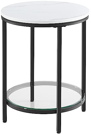 VASAGLE Beistelltisch, Nachttisch mit 2 Ebenen, Holzspanplatte, Hartglas, für Wohnzimmer, Arbeitszimmer, kleine Räume, modern, marmorweiß-tintenschwarz LET285B13
