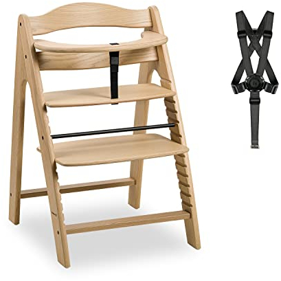 hauck Arketa, Oak - Eichen Holzhochstuhl ab 6 Monaten bis 130 kg - Mitwachsend mit 13 Stufen für Sitz- & Fußplatte - Inkl. Schutzbügel, 5 Punkt Gurt & Schrittgurt - Kompatibel mit viel Zubehör