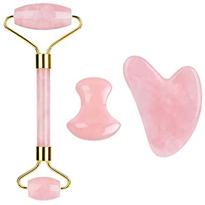 Rosenquarz-Gesichtsroller Und Gua Sha-Set Natürlicher Jade-Gouache-Schaber Gua Sha-Massage-Quarz-Roller Gesichtslifting-Massagewerkzeug,Typ 3