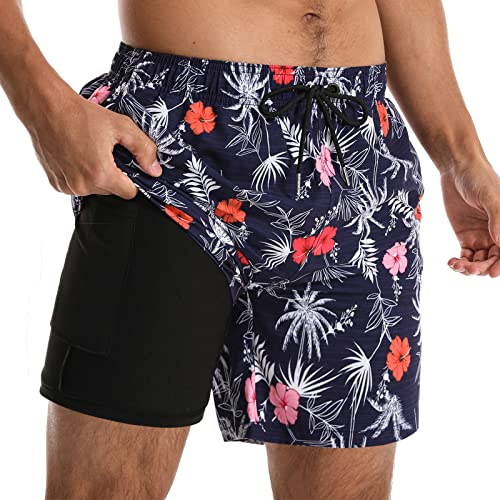 Comilaka badbyxor för män badshorts dubbla lager 2 i 1 strandshorts brädshorts surfing snabbtorkande med kompressionsfoder, marinblå, L