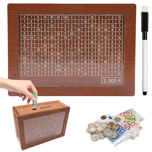 2000 Euro Hucha de Madera, Caja de Ahorros de Madera Reutilizable, Huchas para Adultos y Niños