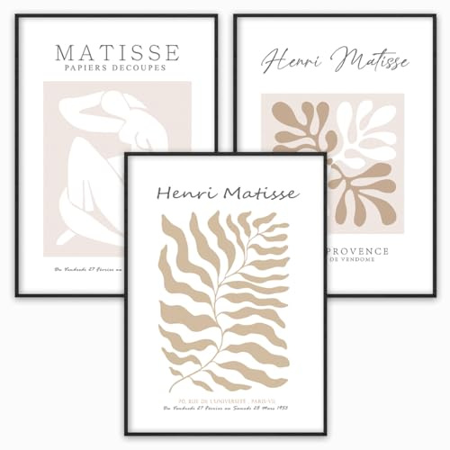 Matisse Poster Set 3er – Beige Boho Wandbilder im abstrakten Stil, Kunstdrucke im Set ohne Rahmen – Moderne Deko für Wohnzimmer, Schlafzimmer, Büro (DIN A3 - ohne Rahmen)