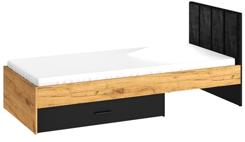 Lomadox Bett 90x200cm mit Bettschublade, schwarz mit Eiche