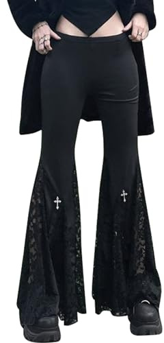 SEAUR Gothic Punk - Pantaloni da donna, colore nero, vintage, in pizzo, patchwork, Y2K, grunge, skinny Party Club Wear, Pantaloni patchwork in pizzo A02, L