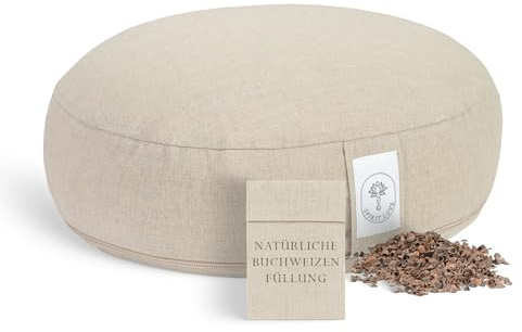Leinen Yogakissen mit Bio-Buchweizenschalen | Meditationskissen | Anpassbare Füllung mit Reißverschluss und waschbarem Bezug | Sitzkissen Perfekt für bequemes Yoga | 100% Natürlich -L 42x10cm