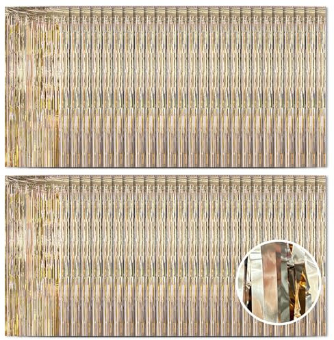 Ohiyoo 50 Stück Champagner Gold Lametta Vorhänge 1 x 2.5M Tinsel Curtain Folien Fransen Metallic Lametta Vorhange Silber für Geburtstag Partydekor Verlobung Hochzeit Weihnachten Neujahr Dekoration