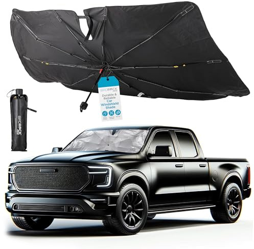 BIRDROCK HOME Car Windshield Sun Shade Umbrella - Foldable Cover UV Block for Front Window, Sunshield for SUV, Truck & Sedan, Protect Interior from Sun, Heat, & Wind - Extra Large - Black & Silver