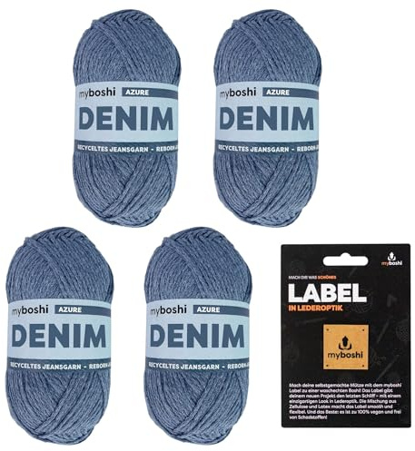 myboshi Denim, veganes Jeansgarn, recycelte Baumwolle zum Häkeln und Stricken, 50% recyceltes Denim, 50% Baumwolle (Bio), myboshi Label, 50g, Ll 135m Blau (Azure) 4 Knäuel