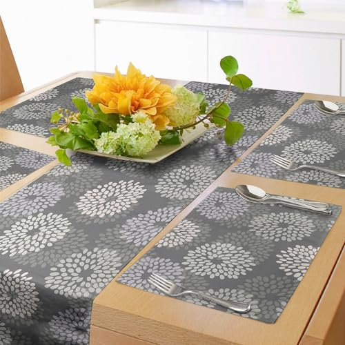 ABAKUHAUS Floral Imprimer Chemin de Table napperons 4 pièces, Résumé Dahlia Fleurs, Lignes Zebra Sauvages, Rectangulaire Décoratif pour Salle à Manger, 40 cm x 180 cm, Gris Noix de Coco