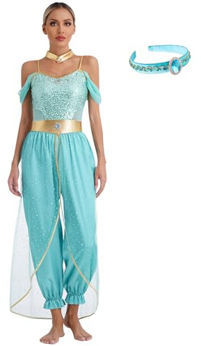 CHICTRY Damen Arabische Orientalische Tanzkleidung Pailletten Glitzer Bauchtanz Outfit Mit Haarband Faschingkostüm Türkis XXL