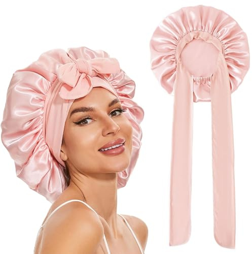 GUGUGO Seidenhaube zum Schlafen, Silk Bonnet, Verstellbare Seidenhaube, Schlafhaube Seide, Schlafmütze Damen, Satin Haube Schlafen, Silk Sleeping Cap, Seidenhaube zum Schlafen Locken, Sakura Rosa | Atmungsaktiv, Rutschfest, Sanft zu Locken, Weniger Frizz und Haarbruch, Bonnet für Hautpflege, Spa und Reisen