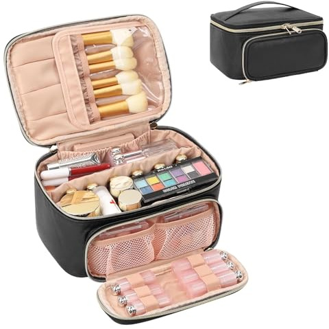 Large Makeup Bag Travel Cosmetic Bag with Makeup Brushes Compartment Black | Large Capacity Portable Durable Toiletry Bag for Women, Gifts for Women/Girls, Travel Essentials