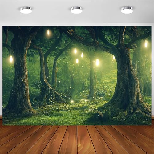 Hnmdmyi 3x2.4m Toile de Fond Foret enchantée Fantaisie Pays des Merveilles Forêt Vert Arbres Magiques Jungle Photographie Fond Mariage Douche de bébé Anniversaire Décorations de fête