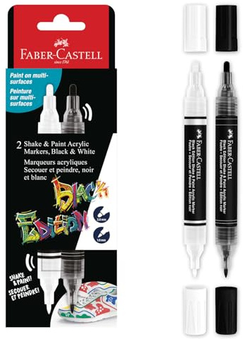 Faber-Castell 285503 Black Edition Shake & Paint Pennarelli Acrilici, Set di 2, Nero & Bianco, Punta Doppia 3Mm & 1Mm, Impermeabili, Colore Vivido E Duraturo