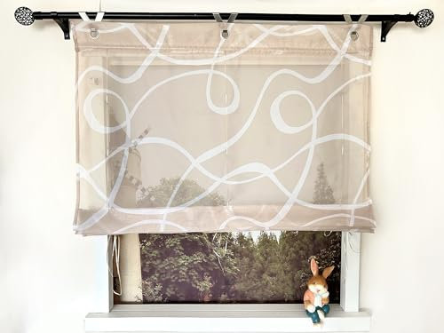 Devola Raffrollo Ohne Bohren Raffgardine Halbtransparent Raffrollo mit Wellenmuster Küchenvorhang Fenster Modern Vorhänge mit Druck Fenstergardinen Rollo HxB 130x60cm Sand 1 Stück