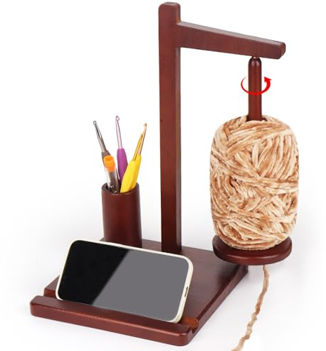 Coopay Garnhalter zum Häkeln, Multifunktional Wollabwickler aus Holz, Häkelgarnhalter Spinner, Große Wollhalter beim Häkeln und Stricken, Magnetisch Wollknäuelhalter mit Aufbewahrung und Handyhalter
