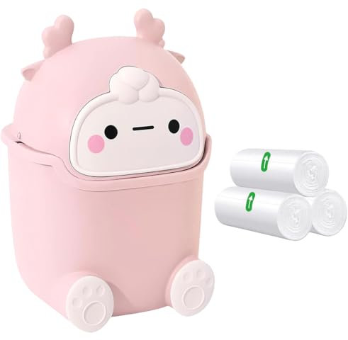 Mini Desk Bin, Cute Desktop Trash Can Wastebasket with 3 rolls Trash Bags, Creative Tiny Trash Can with Flip Lid, Cartoon Plastic Countertop Garbage Can for Bedroom, Kitchen, Office (Pink)