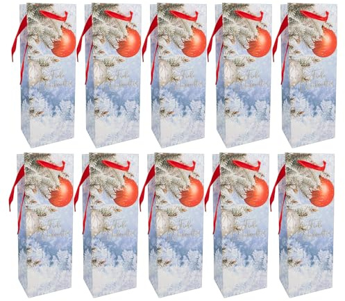 Idena 30501-10 - Flaschentaschen Weiße Weihnachten, 10 Stück, Geschenktaschen in der Größe 12 x 36 x 9 cm, Papiertüten für Weihnachten