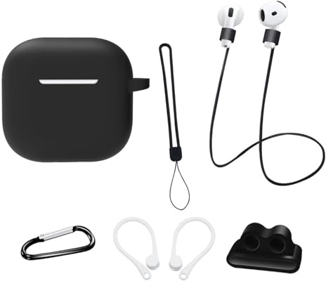 Custodia Protettiva in Silicone per Airpods 4 Gen (2024): AIYAAIYA 8 in 1 set di Accessori per Airpod con Supporto per Apple Watch/Portachiavi/Corda Anti-Smarrimento/Ganci per le Orecchie (Nero)